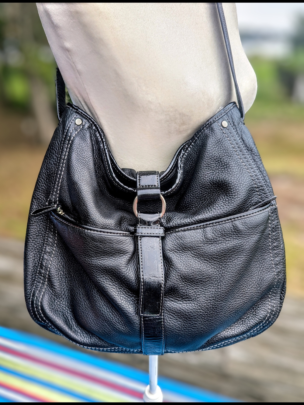 Cole Haan Black Pebbled Leather Shoulder Bag with Ring Detail